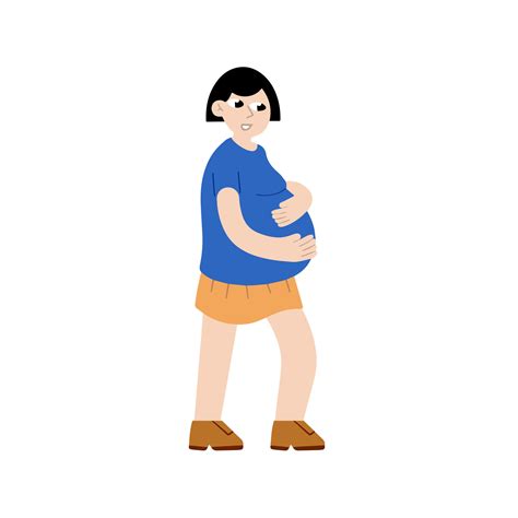 Pregnant woman hold her stomach. Modern character run with big belly ...