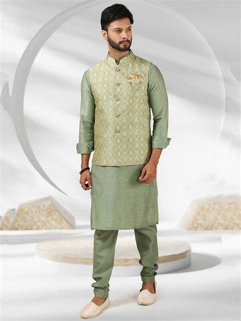 Pista Green Colour Designer Kurta Jacket In Jacquard Banarasi Silk Fabric