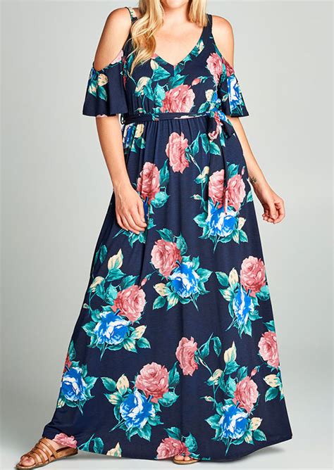 Plus Size Floral Cold Shoulder Maxi Dress Bellelily