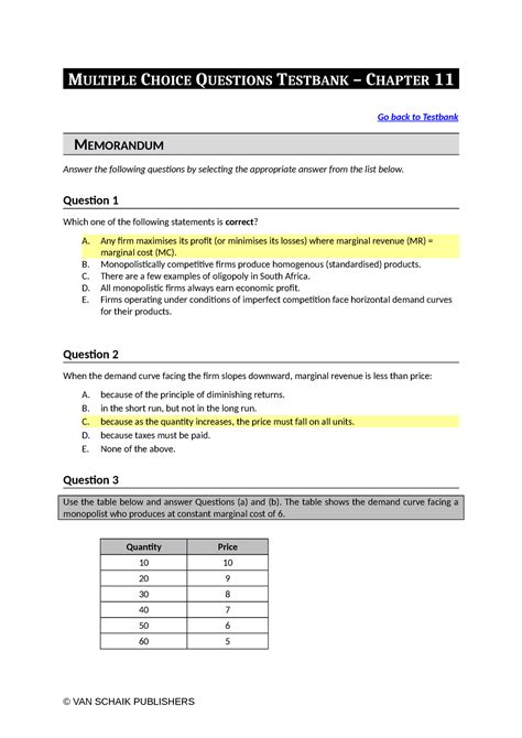 Economics 5 MCQ C11 Memo MULTIPLE CHOICE QUESTIONS TESTBANK CHAPTER