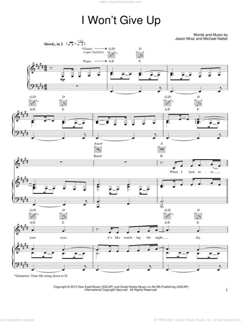 Jason Mraz I Wont Give Up Sheet Music For Voice Piano Or Guitar