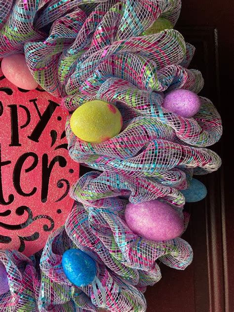 Glittery Happy Easter Egg Mesh Ribbon Wreath Etsy