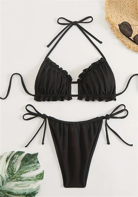 Wholesale Solid Color Triangle Bikini Sexy Halter Neck Lace Up Two Piece Low Waist Female