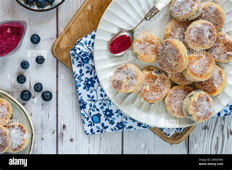 Traditional Fennel Welsh Cakes With Blueberry Coulis Stock Photo Alamy