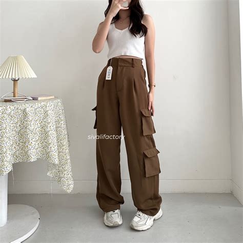 Jual Sivali Bonnie Cargo Pants Highwaist Loose Cargo Petite Celana