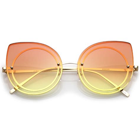 Womens Oversize Rimless Colored Gradient Flat Lens Cat Eye Sunglasses