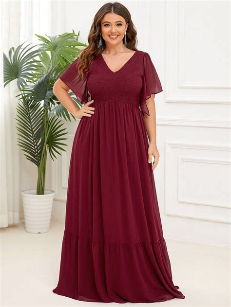 Plus Size Chiffon V Neck Ruffles Sleeve Evening Dress Shelloworld