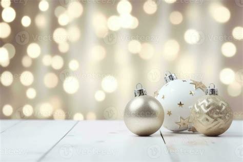 White Christmas Baubles Decoration On Blurred Background With Lights New Year Greeting Card