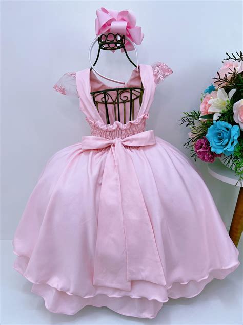 Vestido Infantil Rosa C Renda Cinto P Rolas Luxo Damas Rosa Charmosa