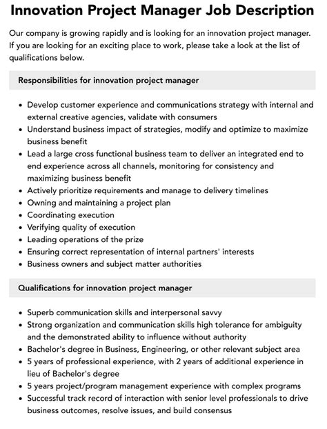 Innovation Project Manager Job Description Velvet Jobs