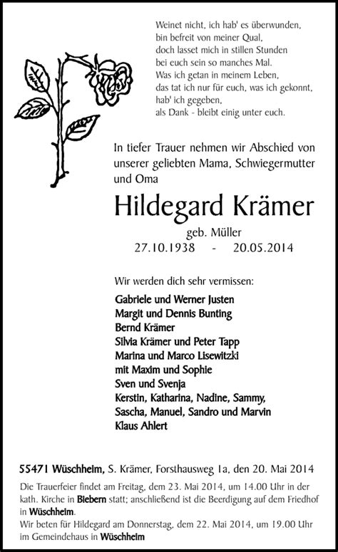 Traueranzeigen von Hildegard Krämer rz trauer de