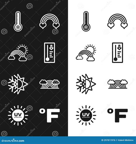 Set Meteorology Thermometer Rainbow With Clouds And Sun Heart Sun