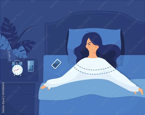 Insomnia Woman In Bed With Open Eyes In Darkness Night Room Flat