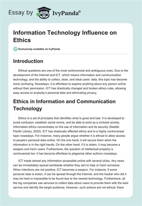 Information Technology Influence On Ethics 397 Words Essay Example