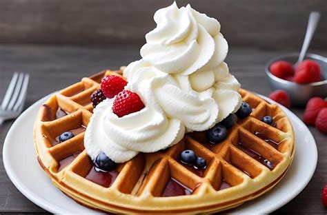 Premium Photo Delicious Waffle With Whipped Cream And