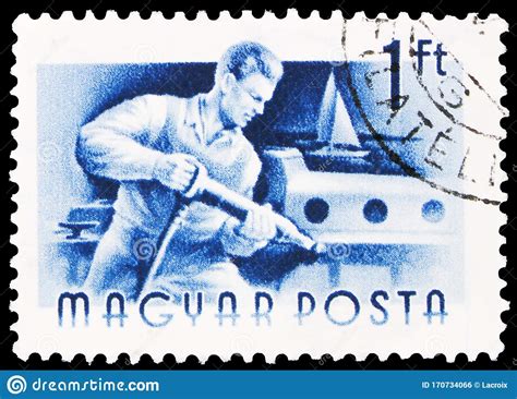 Postage Stamp Printed In Hungary Shows Shipbuilder Hungarian Workers