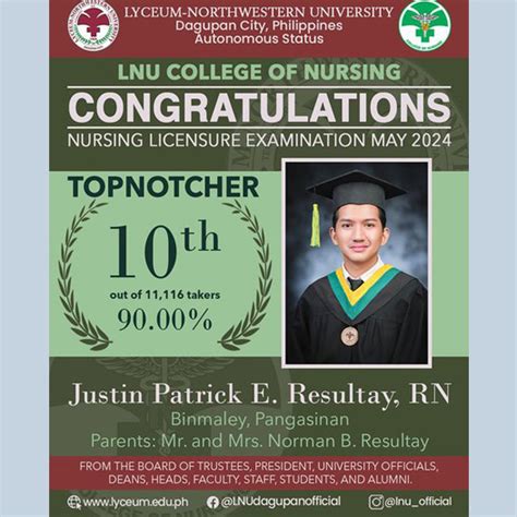 Congratulations To Our Topnotcher Justin Patrick E Resultay Rn On Ranking Top 10 In The May