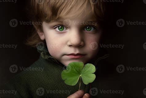 Portrait Of A Young Boy With Green Eyes Holding A Four Leaf Clover