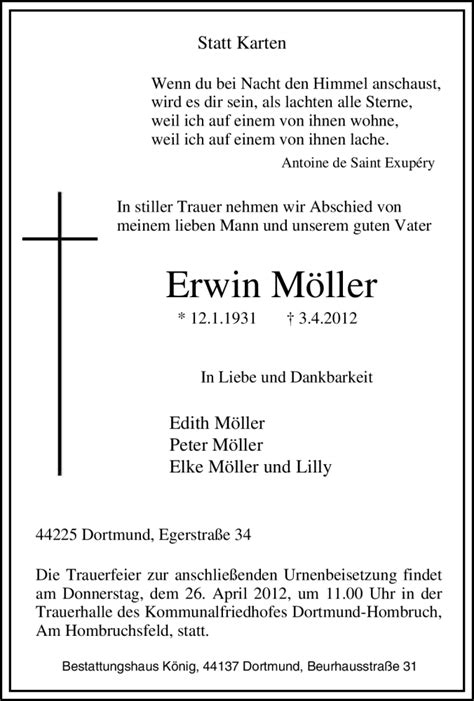 Traueranzeigen von Erwin Möller Trauer in NRW de