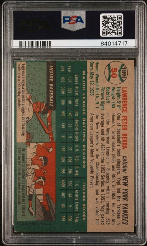 1954 Topps Baseball Yogi Berra 50 PSA 4 Gray Back RARE EBay