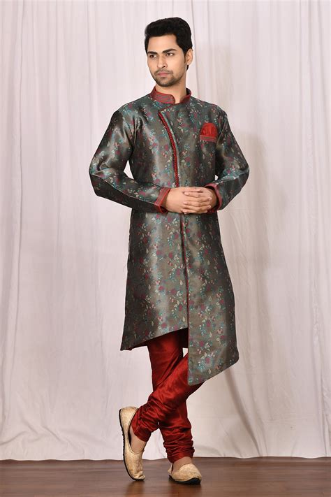 Buy Green Sherwani Banarasi Jacquard Churidar Art Silk Embroidered Set