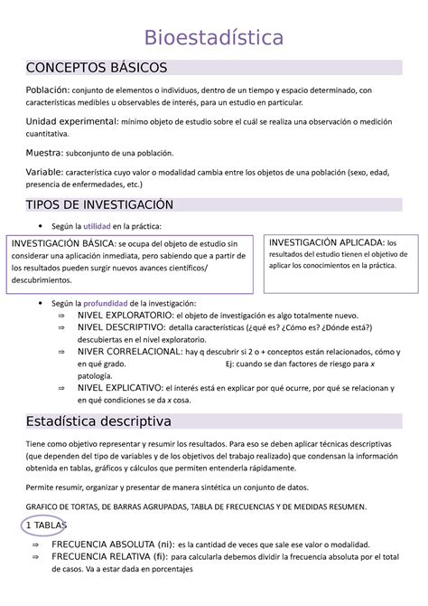 Resumen Parcial Estad Stica Bioestad Stica Conceptos B Sicos