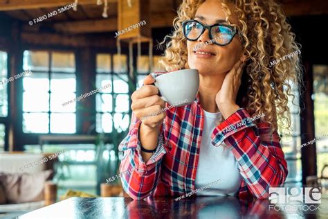 Woman Blonde Curls Glasses Coffee Drinking Cup Hold Portrait Stock Photo Picture And
