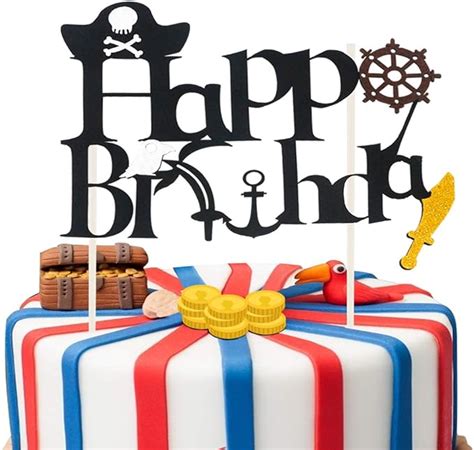 Pirate Happy Birthday Cake Topper Double Sided Glitter Black Pirate