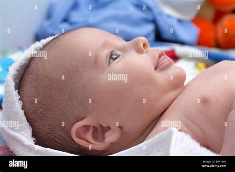 Newborn Baby Boy Naked On White Towel Stock Photo Alamy