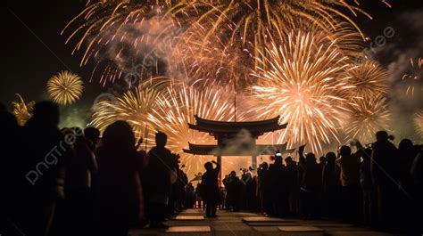 Fundo Pessoas Assistindo Fogos De Artifício Sobre Um Arco E Pagode