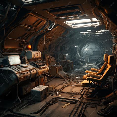 Premium Photo | Cyberpunk Interior of a Wrecked Spaceship Inside View