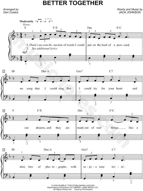 Jack Johnson Better Together Sheet Music Easy Piano In F Major Download And Print Sku