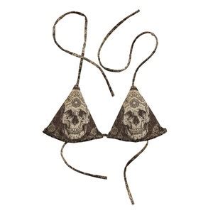 Goth Skull Brown Beige String Bikini Top Macabre Fashion Beachwear For Music Festivals Pool