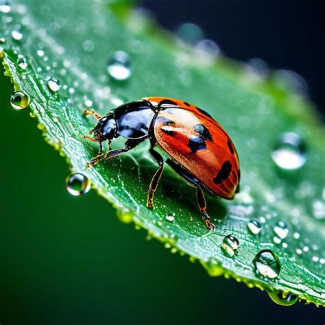 Premium Photo Beautiful Ladybug On Green Leaf With Dew Drops Close Up