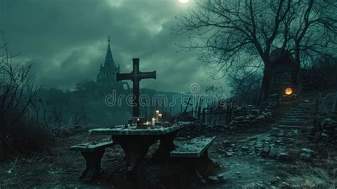 Spooky Halloween Night with Graveyard and Table in Landscape Stock ...