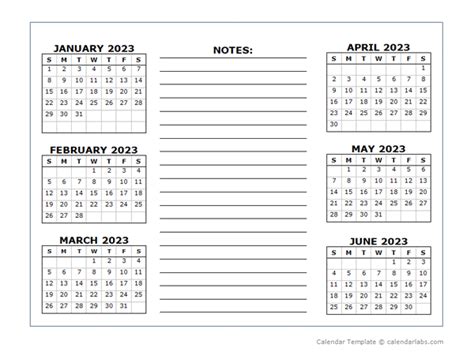 6 Months Per Page Calendar Template 2023 - Free Printable Templates