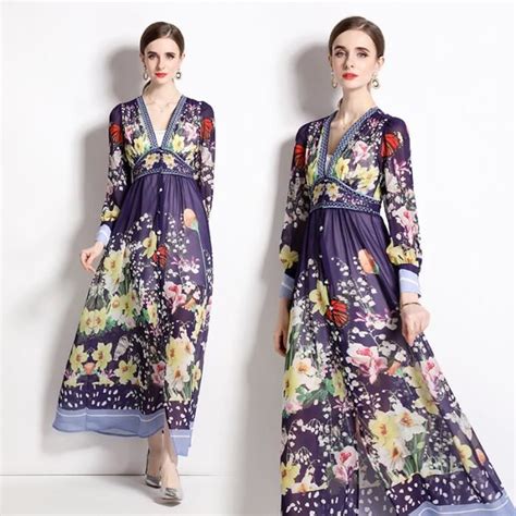 Robe Robe Maxi Vintage Imprim Floral Pour Femme Col En V Manches