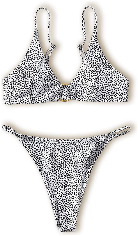 Bikini Set für Damen mit Ringen geriffelt hoher Schnitt Spaghettiträger zweiteiliger