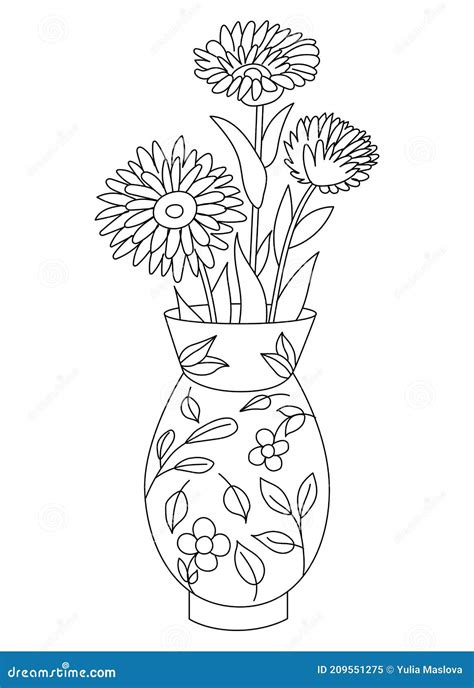 Vase With Flowers Isolated On White Background Outline Drawing Line