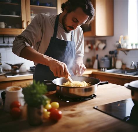 Premium AI Image | Handsome man preparing pasta in the kitchen Guy ...