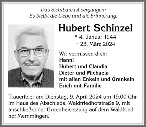 Traueranzeigen Von Hubert Schinzel Allg Uer Zeitung