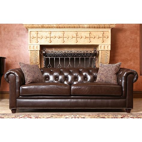 Abbyson Carmela Dark Brown Top Grain Leather Chesterfield Sofa Luxury