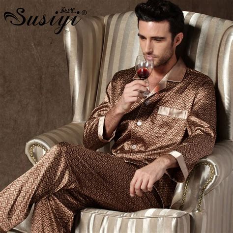 Male Silk Pajama Set Men Summer Sleepwear Male Long Sleeve Lounge Set