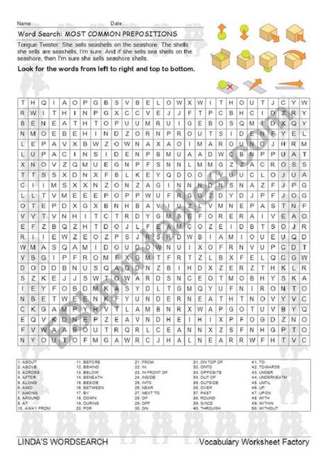 Wordsearch Most Common Prepositions Esl Worksheet By Purpledragon