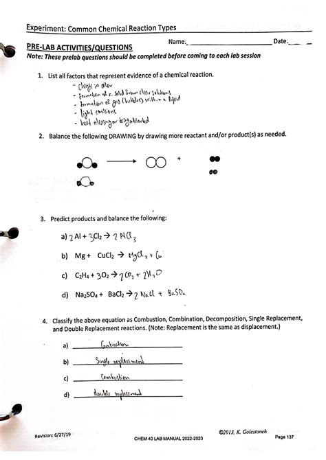 Common Chemical Reactions Pre Lab CHEM 40 Studocu