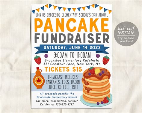 Pancake Breakfast Fundraiser Flyer Editable Template, Flapjacks Brunch ...