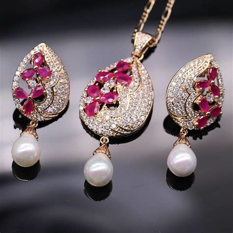 Jinyao Fashion Jewelry Pearl Drop Set Zircon Gold Color Jewelry For