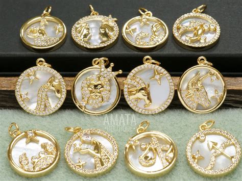 Cz Shell Pearl Gold Zodiac Sign Medallion Charm Astrological Round