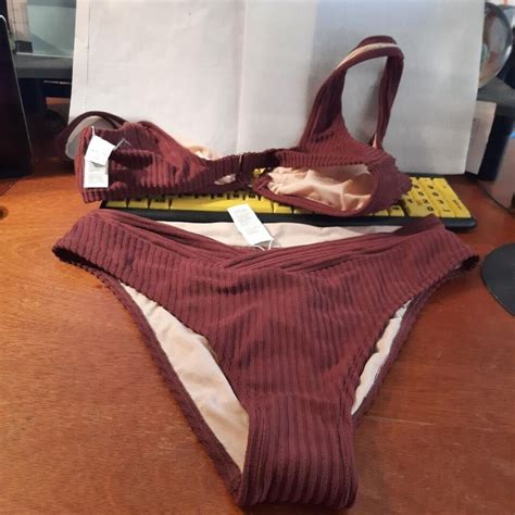 NEW Two Pieces Cupshe Bikini Set Push Up Bra Brown Strips Size L EBay
