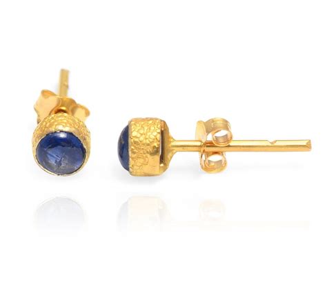 Solid K Yellow Gold Blue Sapphire Round Gemstone Stud Earrings